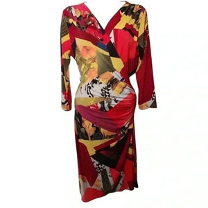 [L]Josie Natori  Multi Coloured Abstract Faux Wrap L/S Midi Dress